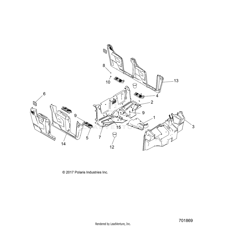 An Image of a Genuine Polaris Parts Schematic Diagram showing the schematic - BODY: FLOOR & FENDERS - 2020 POLARIS RANGER CREW 570