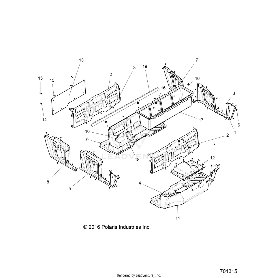 An Image of a Genuine Polaris Parts Schematic Diagram showing the schematic - BODY: FLOOR & FENDERS - 2017 POLARIS RANGER CREW 570 FULL SIZE