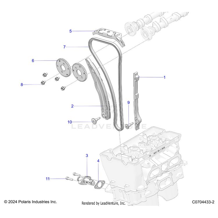 An Image of a Genuine Polaris Parts Schematic Diagram showing the schematic - ENGINE: CAM CHAIN AND TENSIONER - 2024 POLARIS XPEDITION ADV NORTHSTAR