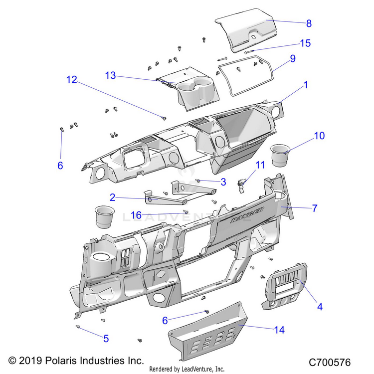 An Image of a Genuine Polaris Parts Schematic Diagram showing the schematic - BODY: DASH - 2022 POLARIS RANGER 1000 FULL SIZE