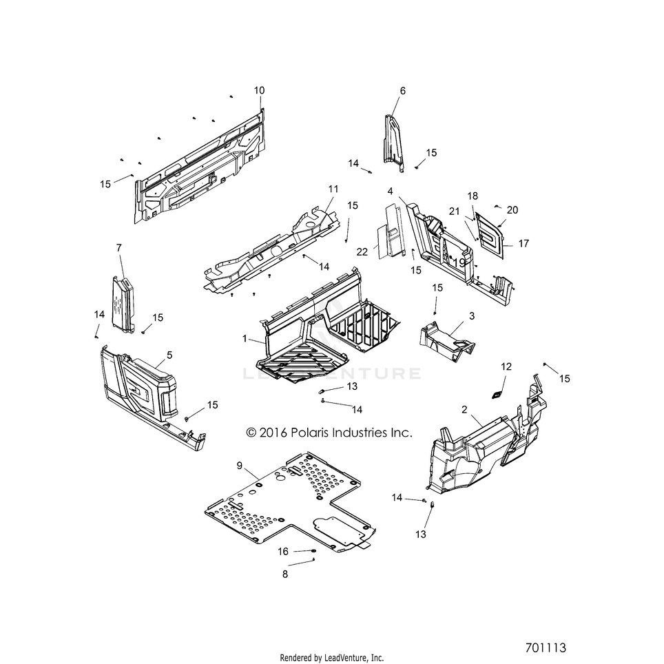 An Image of a Genuine Polaris Parts Schematic Diagram showing the schematic - BODY: FLOOR & FENDERS - 2017 POLARIS RANGER XP 1000