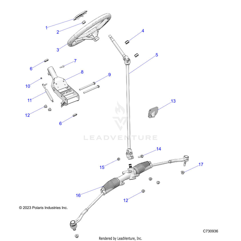 An Image of a Genuine Polaris Parts Schematic Diagram showing the schematic - STEERING: NON EPS STEERING - 2023 POLARIS RANGER 1000 EPS