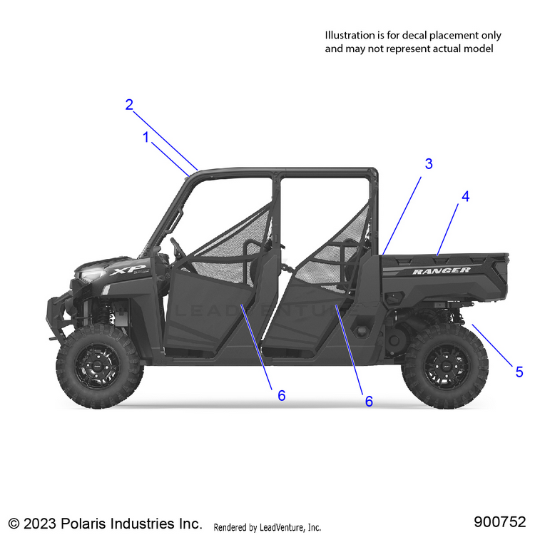 An Image of a Genuine Polaris Parts Schematic Diagram showing the schematic - BODY: DECALS GENERAL - 2024 POLARIS RANGER 1000 XP CREW