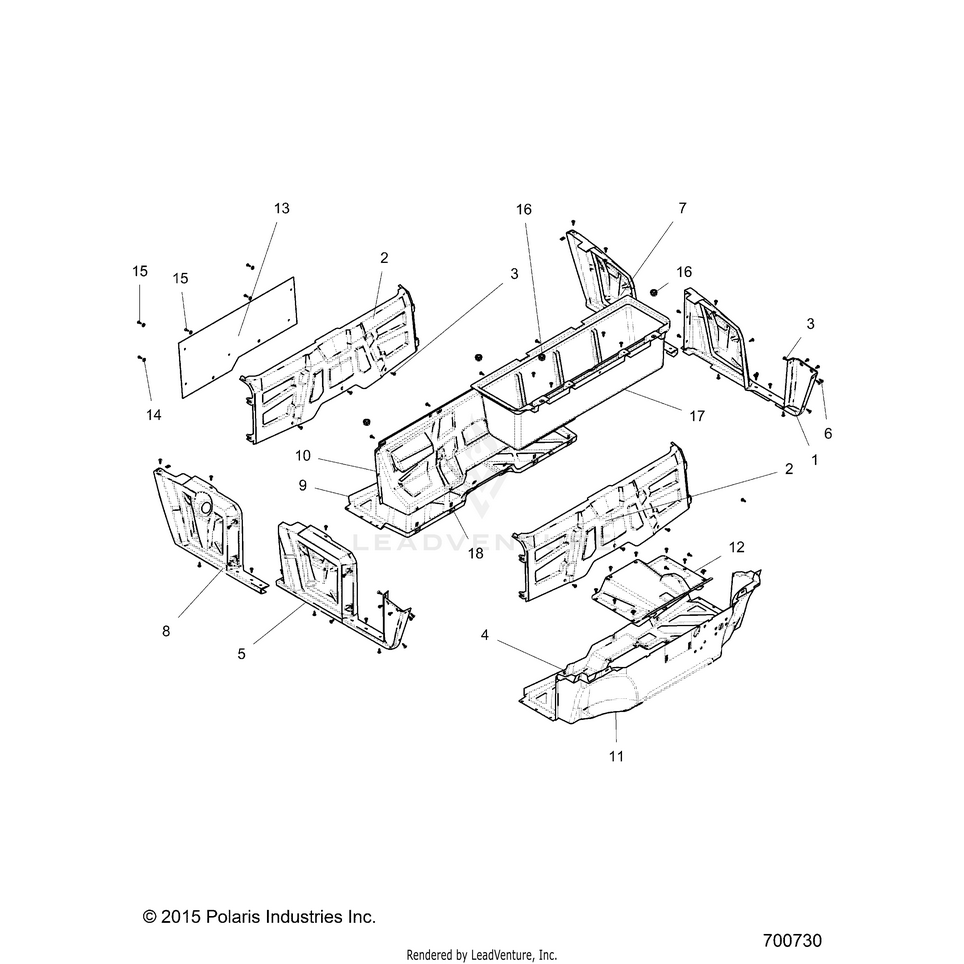 An Image of a Genuine Polaris Parts Schematic Diagram showing the schematic - BODY: FLOOR & FENDERS - 2016 POLARIS RANGER CREW 570-6 FULL SIZE