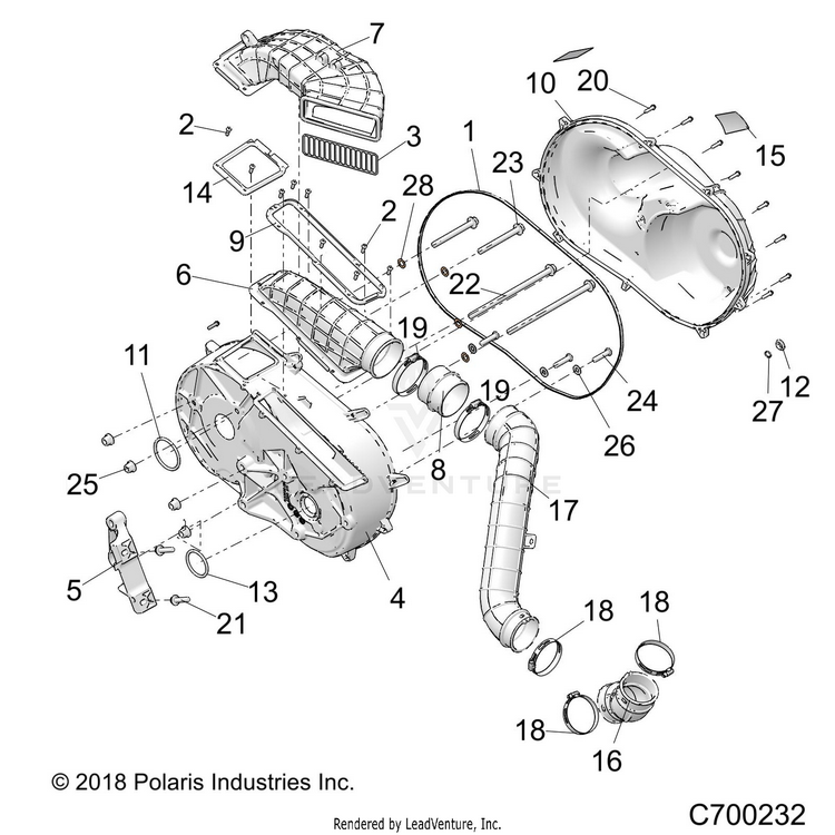 An Image of a Genuine Polaris Parts Schematic Diagram showing the schematic - DRIVE TRAIN: CLUTCH COVER & DUCTING - 2020 POLARIS RANGER XP 1000 EPS
