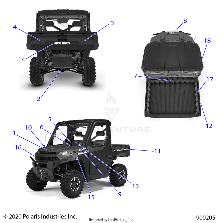 An Image of a Genuine Polaris Parts Schematic Diagram showing the schematic - BODY: DECALS - 2021 POLARIS RANGER XP 1000 EPS NORTHSTAR
