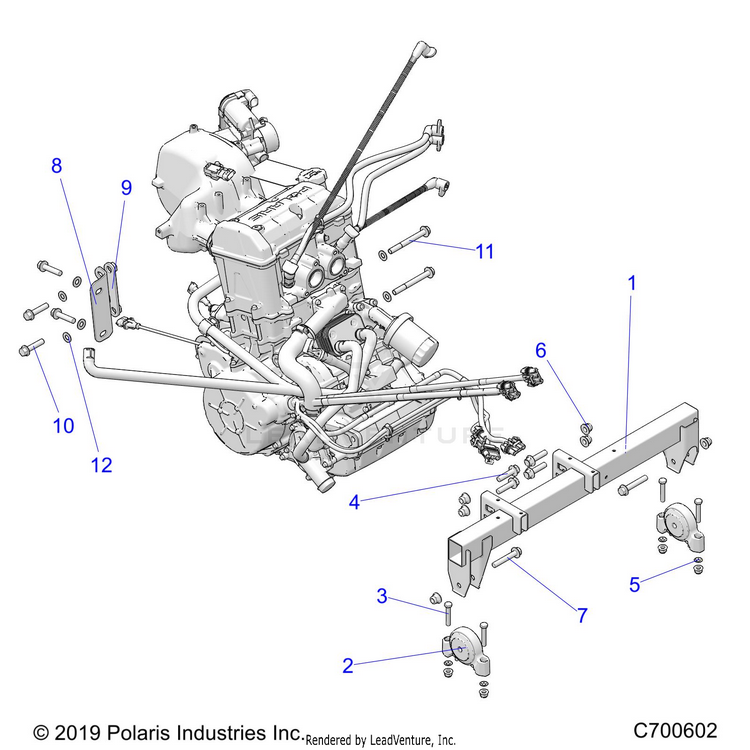 An Image of a Genuine Polaris Parts Schematic Diagram showing the schematic - ENGINE: MOUNTING & LONG BLOCK - 2022 POLARIS RANGER CREW 1000 PREMIUM WINTER