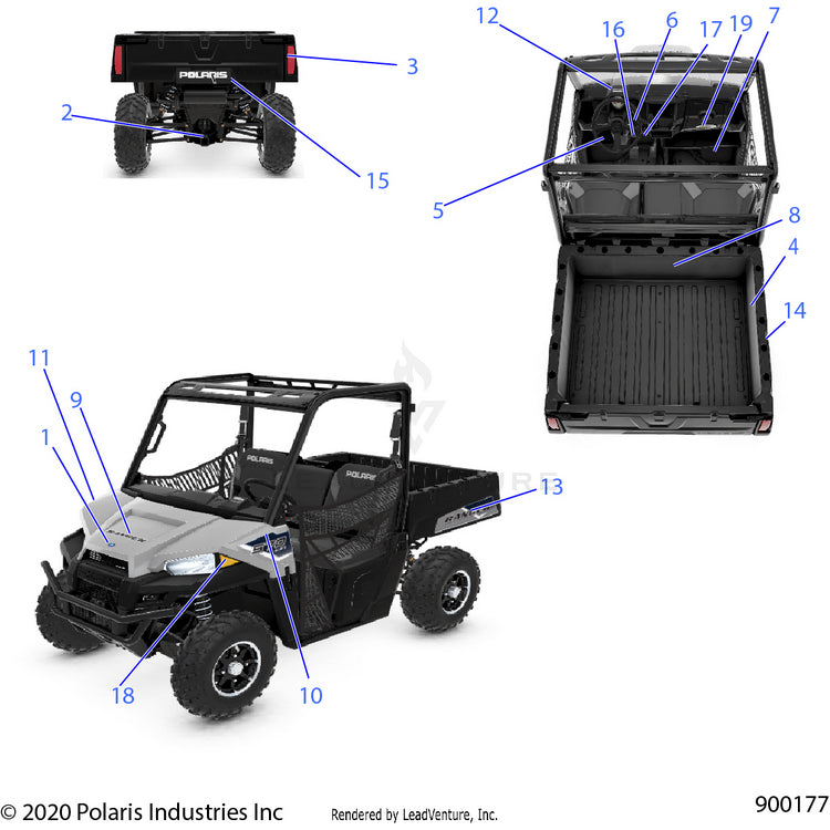 An Image of a Genuine Polaris Parts Schematic Diagram showing the schematic - BODY: DECALS - 2021 POLARIS RANGER 570
