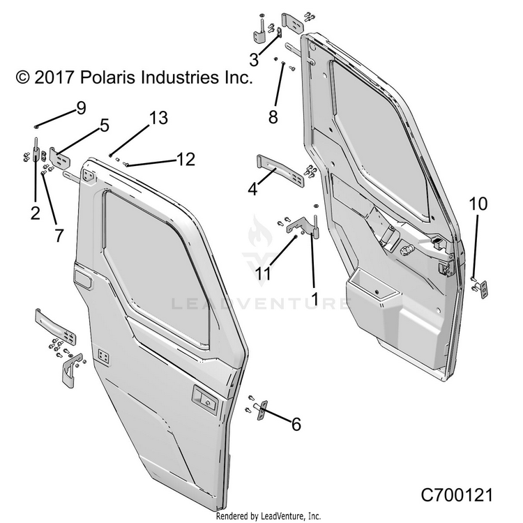An Image of a Genuine Polaris Parts Schematic Diagram showing the schematic - BODY: DOOR FULL MOUNTING - 2019 POLARIS RANGER XP 1000 EPS NORTHSTAR RIDE COMMAND