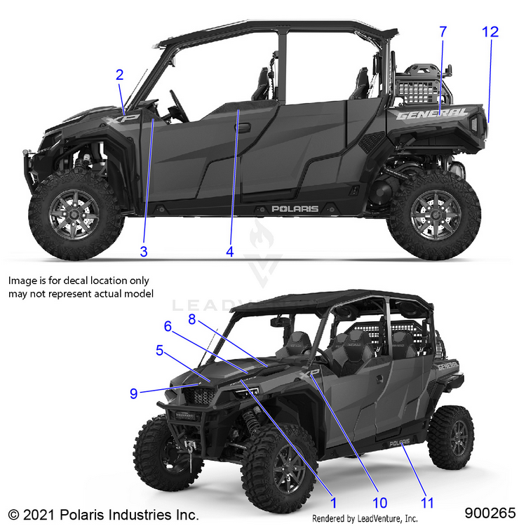 An Image of a Genuine Polaris Parts Schematic Diagram showing the schematic - BODY: DECALS - 2022 POLARIS GENERAL XP 4 1000 TRAILHEAD LE
