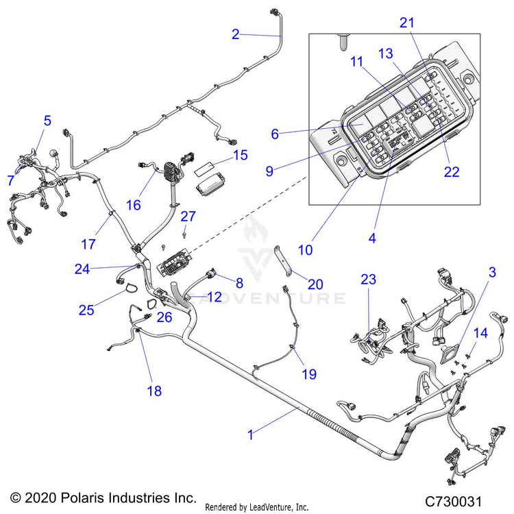 An Image of a Genuine Polaris Parts Schematic Diagram showing the schematic - ELECTRICAL: WIRE HARNESS - 2021 POLARIS RANGER CREW 1000 EPS PREMIUM