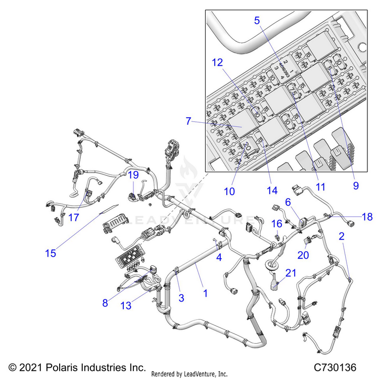 An Image of a Genuine Polaris Parts Schematic Diagram showing the schematic - ELECTRICAL: WIRE HARNESSES - 2022 POLARIS RANGER 570