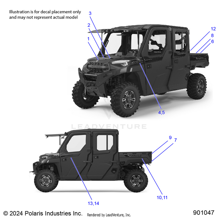 An Image of a Genuine Polaris Parts Schematic Diagram showing the schematic - BODY: DECALS GRAPHIC - 2025 POLARIS RANGER 1000 XP CREW NORTHSTAR TEXAS EDITION