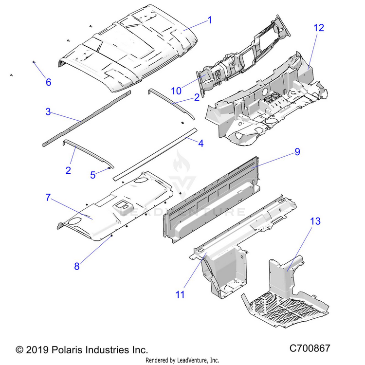 An Image of a Genuine Polaris Parts Schematic Diagram showing the schematic - OPTION: ROOF PREM PREP AUDIO CLOSEOFFS HOOD LINER FLOOR & DASH - 2020 POLARIS RANGER XP 1000 FACTORY CHOICE