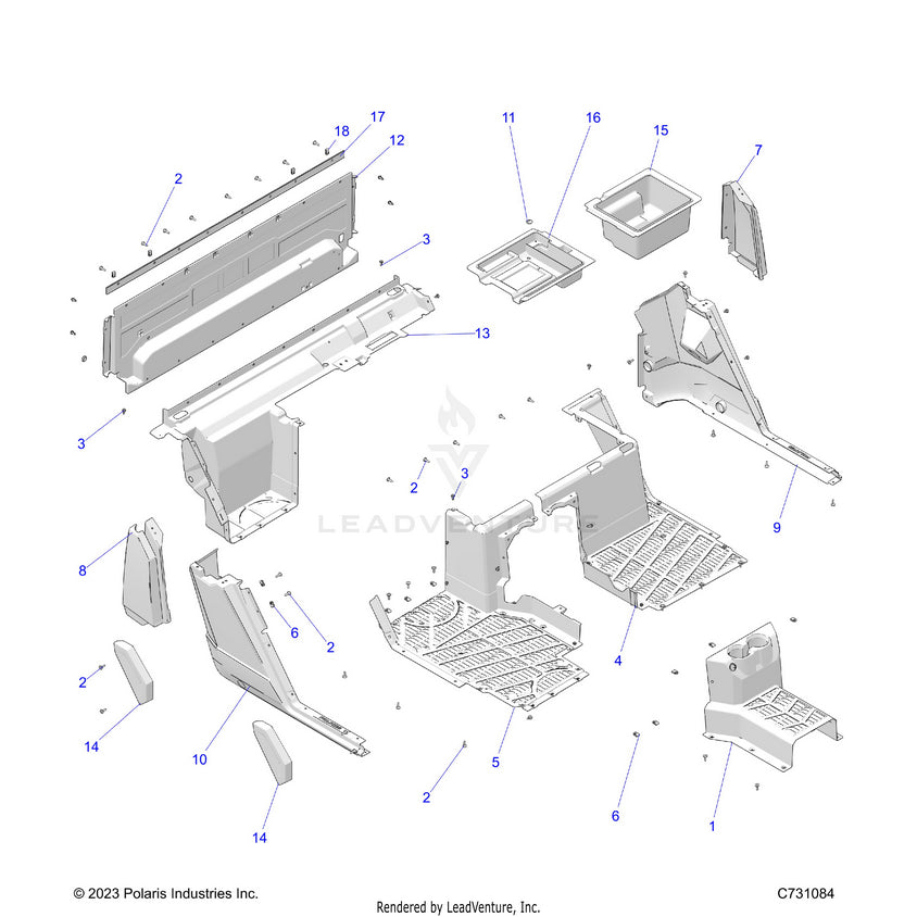 An Image of a Genuine Polaris Parts Schematic Diagram showing the schematic - BODY: REAR CLOSE OFF FENDERS & FLOOR - 2024 POLARIS RANGER 1000 XP CREW NORTHSTAR