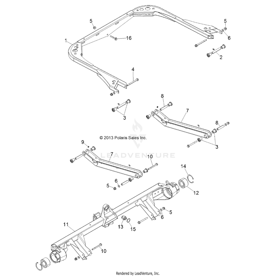 An Image of a Genuine Polaris Parts Schematic Diagram showing the schematic - SUSPENSION: REAR - 2015 POLARIS RANGER HST