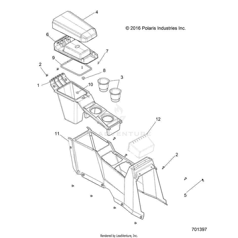 An Image of a Genuine Polaris Parts Schematic Diagram showing the schematic - BODY: CENTER CONSOLE REAR - 2022 POLARIS GENERAL 4 1000 PREMIUM EPS