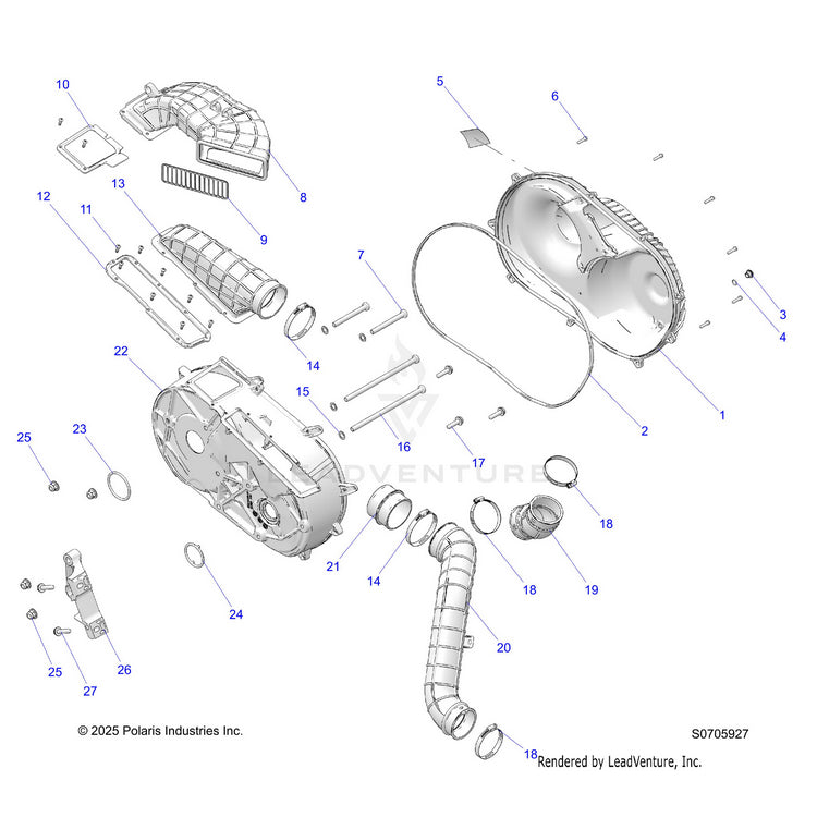 An Image of a Genuine Polaris Parts Schematic Diagram showing the schematic - DRIVE TRAIN: CLUTCH COVER & DUCTING - 2026 POLARIS RANGER 1000 XP CREW NORTHSTAR ULTIMATE