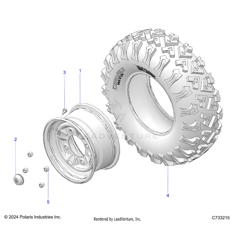 An Image of a Genuine Polaris Parts Schematic Diagram showing the schematic - WHEELS: FRONT - 2020 POLARIS RANGER CREW 1000 EPS FULL SIZE