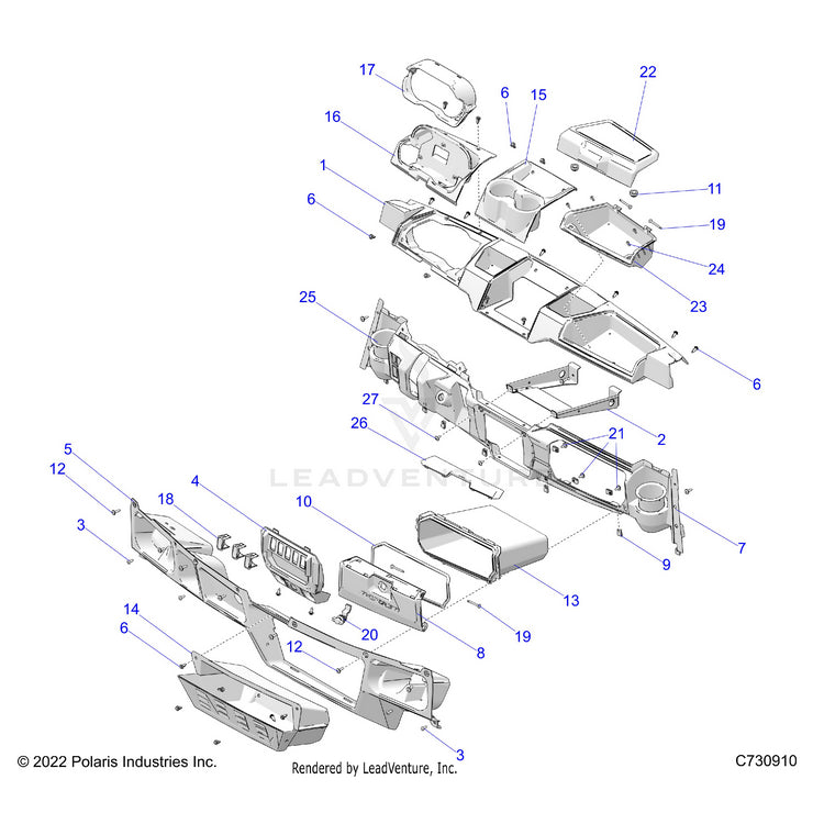 An Image of a Genuine Polaris Parts Schematic Diagram showing the schematic - BODY: DASH - 2022 POLARIS RANGER CREW XP 1000 HIGH LIFTER