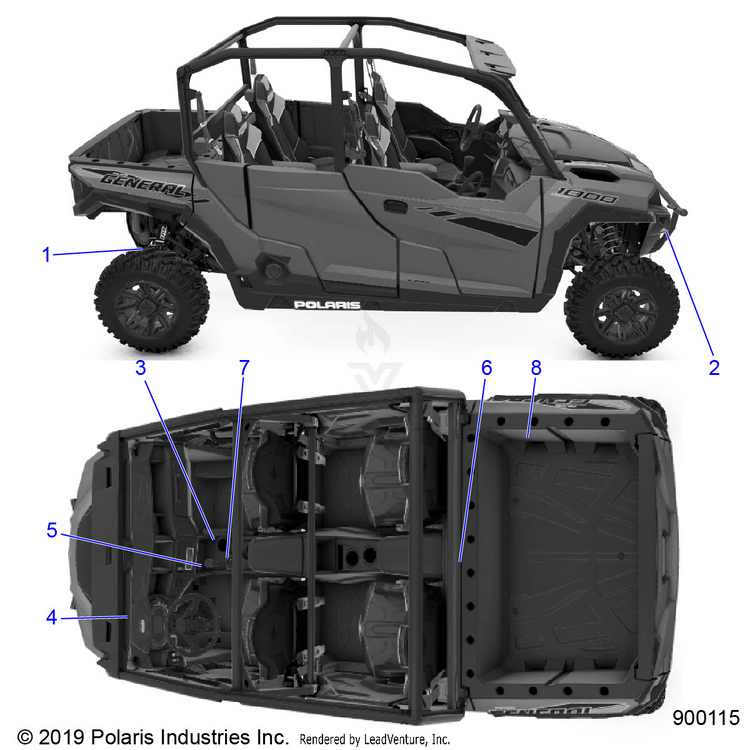 An Image of a Genuine Polaris Parts Schematic Diagram showing the schematic - BODY: DECALS WARNING - 2020 POLARIS GENERAL XP 4 1000 RIDE COMMAND