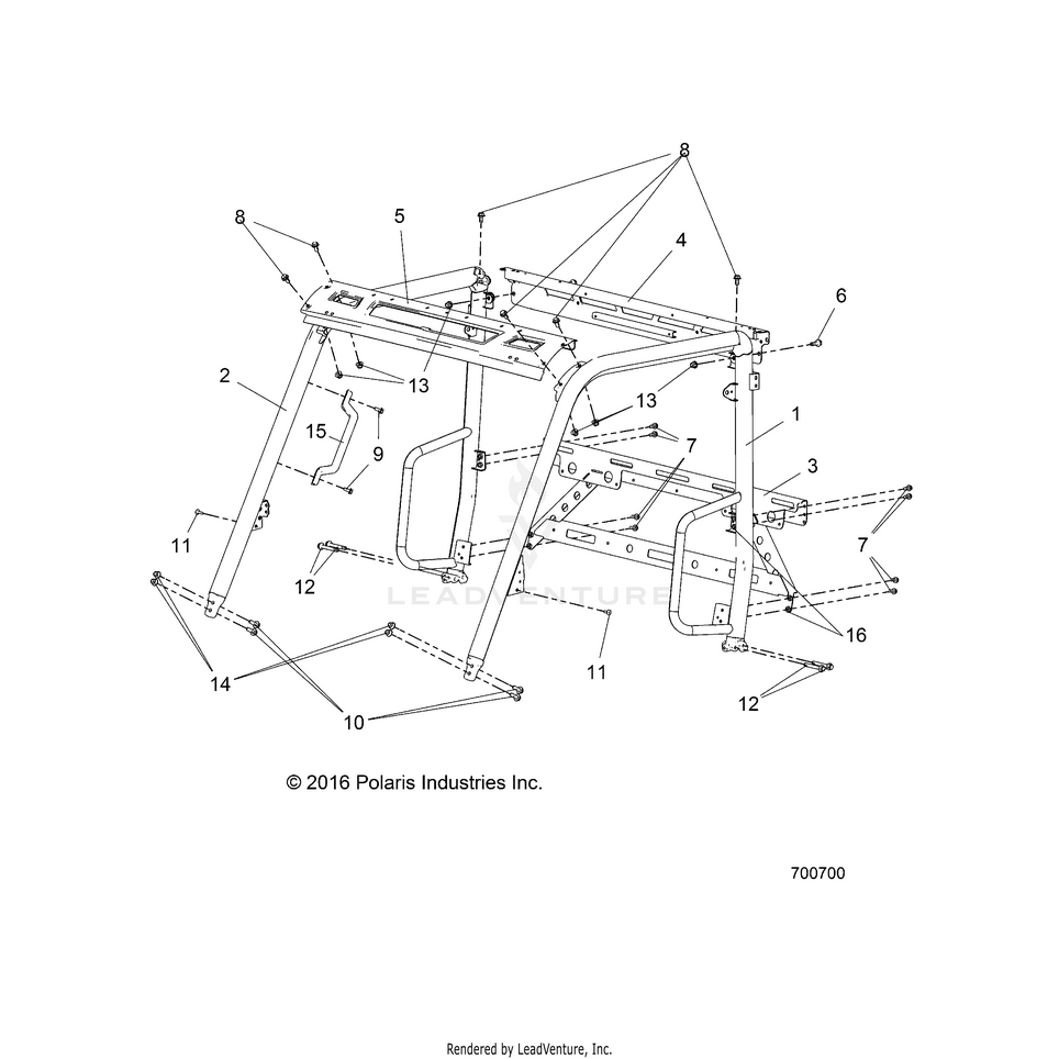An Image of a Genuine Polaris Parts Schematic Diagram showing the schematic - CHASSIS: CAB FRAME - 2016 POLARIS RANGER EV LIION