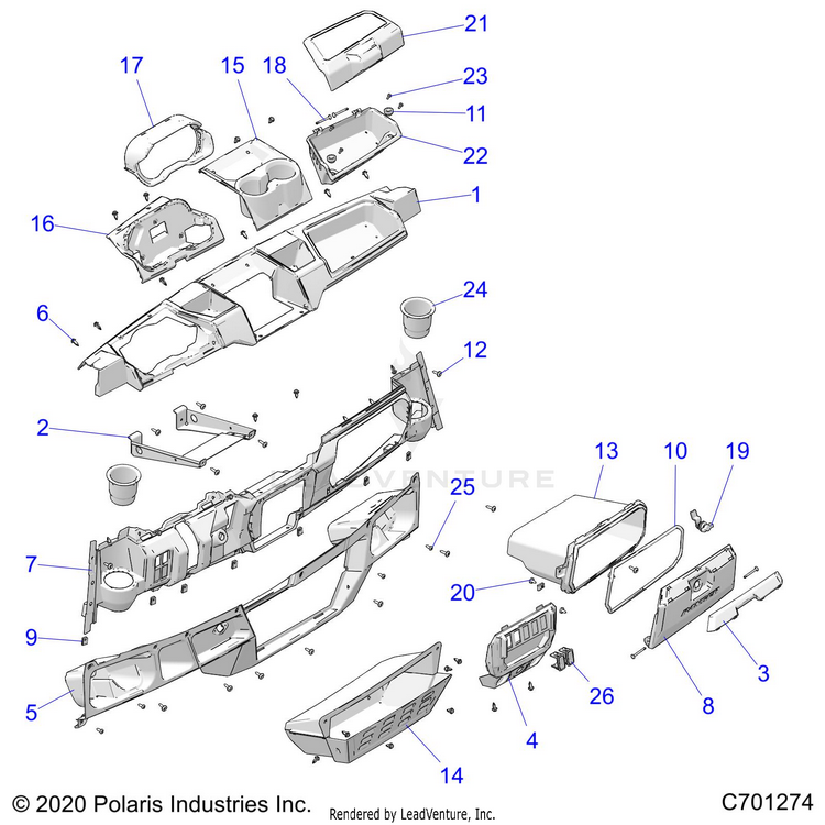 An Image of a Genuine Polaris Parts Schematic Diagram showing the schematic - BODY: DASH - 2021 POLARIS RANGER CREW XP 1000 EPS HIGH LIFTER