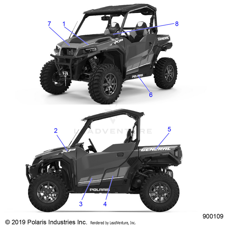 An Image of a Genuine Polaris Parts Schematic Diagram showing the schematic - BODY: DECALS - 2020 POLARIS GENERAL 1000 DELUXE OPT1