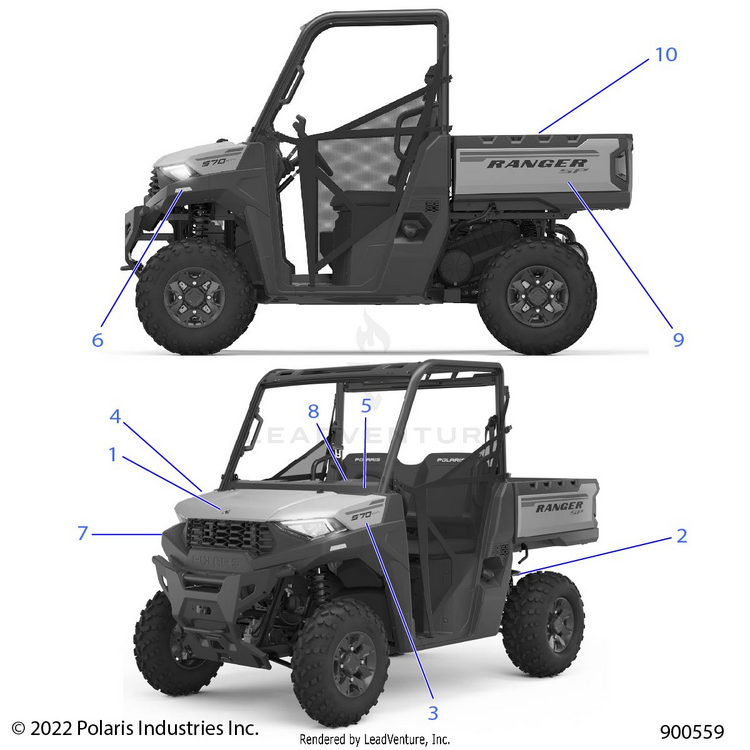 An Image of a Genuine Polaris Parts Schematic Diagram showing the schematic - BODY: DECALS GRAPHIC - 2023 POLARIS RANGER 570 / PREMIUM