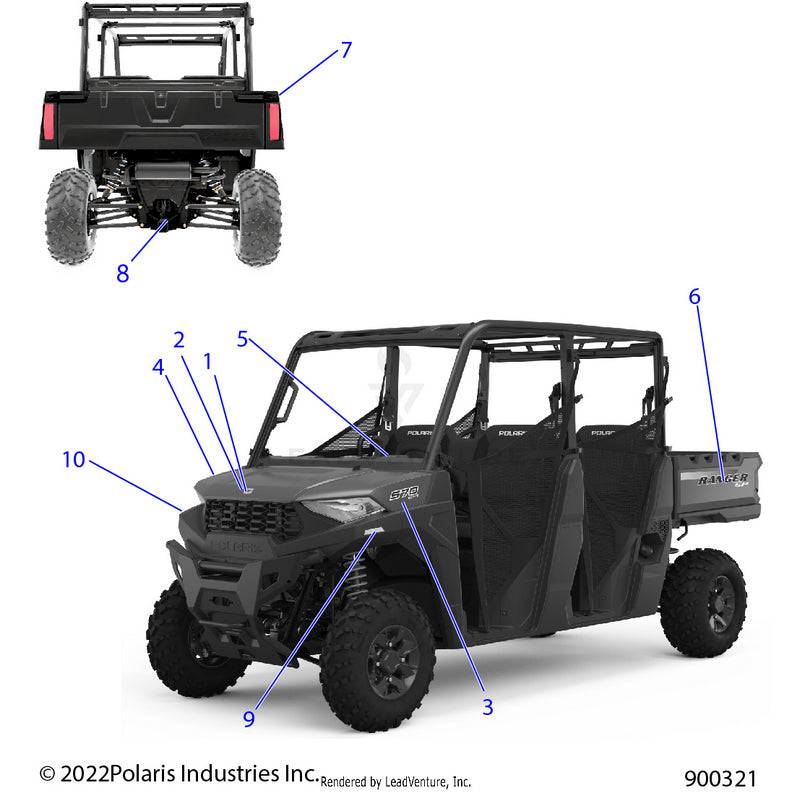 An Image of a Genuine Polaris Parts Schematic Diagram showing the schematic - BODY: DECALS GRAPHIC - 2023 POLARIS RANGER 570 CREW