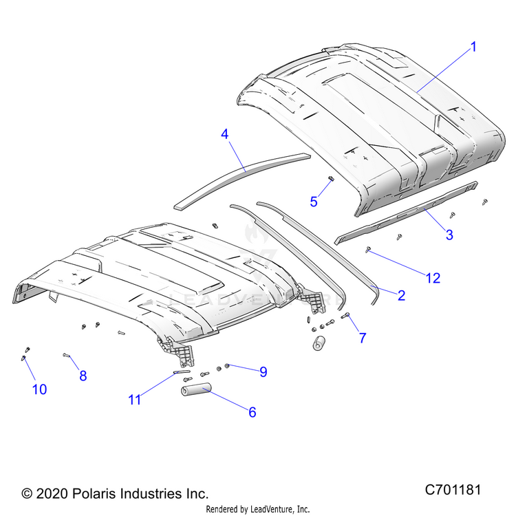 An Image of a Genuine Polaris Parts Schematic Diagram showing the schematic - BODY: ROOF - 2021 POLARIS RANGER XP 1000 RIDE COMMAND