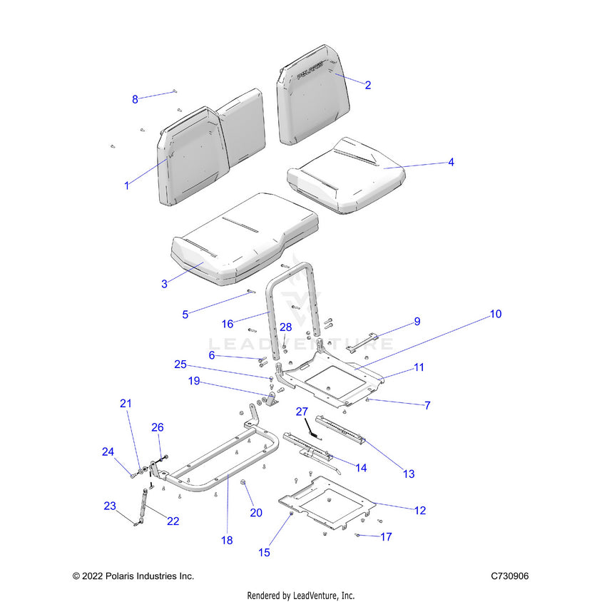 An Image of a Genuine Polaris Parts Schematic Diagram showing the schematic - BODY: SEAT & SLIDER - 2025 POLARIS RANGER 1000 XP CREW WATERFOWL