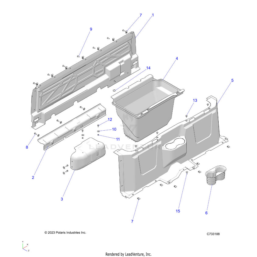 An Image of a Genuine Polaris Parts Schematic Diagram showing the schematic - BODY: FLOOR CLOSEOFFS & BIN - 2026 POLARIS RANGER 570 EPS