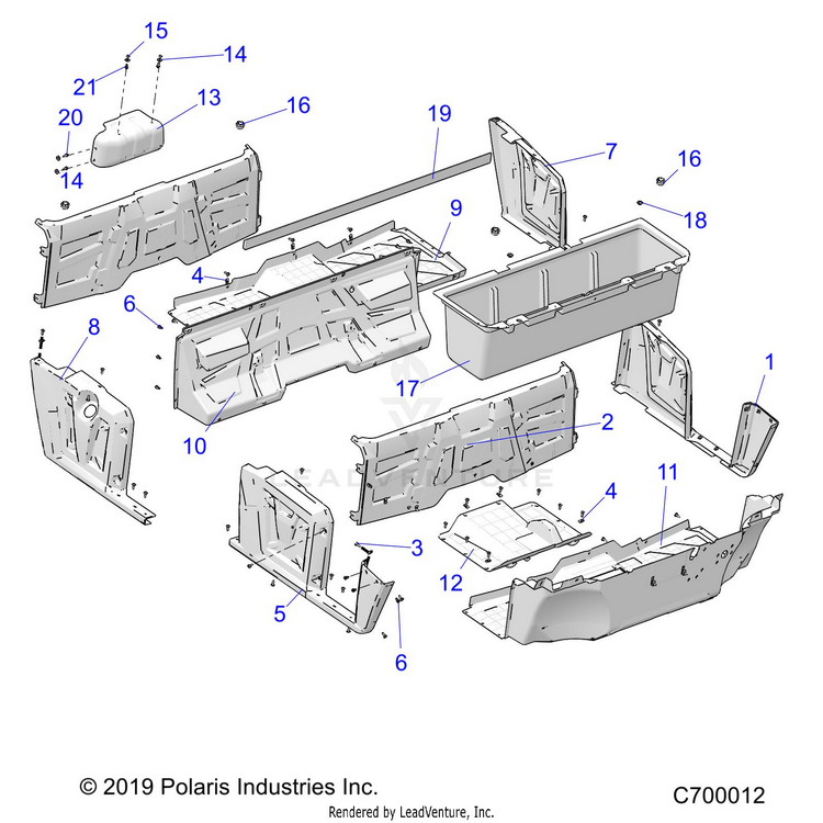 An Image of a Genuine Polaris Parts Schematic Diagram showing the schematic - BODY: FLOOR & FENDERS - 2023 POLARIS RANGER 570 CREW FULL SIZE