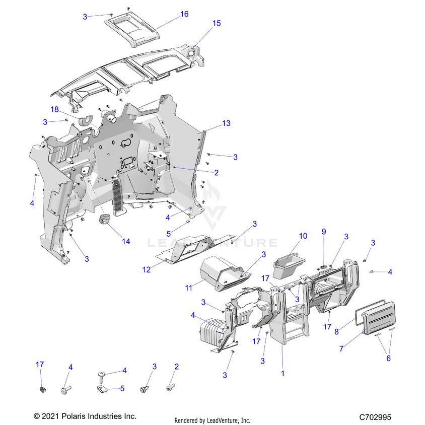 An Image of a Genuine Polaris Parts Schematic Diagram showing the schematic - BODY: DASH AND FRONT CLOSEOFF - 2024 POLARIS XPEDITION ADV 5 ULTIMATE