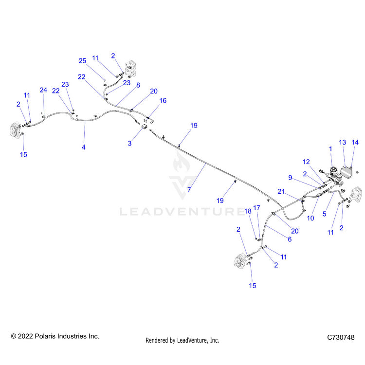 An Image of a Genuine Polaris Parts Schematic Diagram showing the schematic - BRAKES: LINES & MASTER CYLINDER - 2023 POLARIS RANGER 570 CREW FULL SIZE
