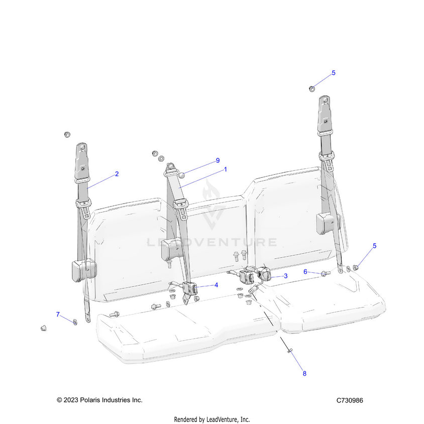 An Image of a Genuine Polaris Parts Schematic Diagram showing the schematic - BODY: SEAT BELT MOUNTING - 2023 POLARIS RANGER EV FULL SIZE PREMIUM