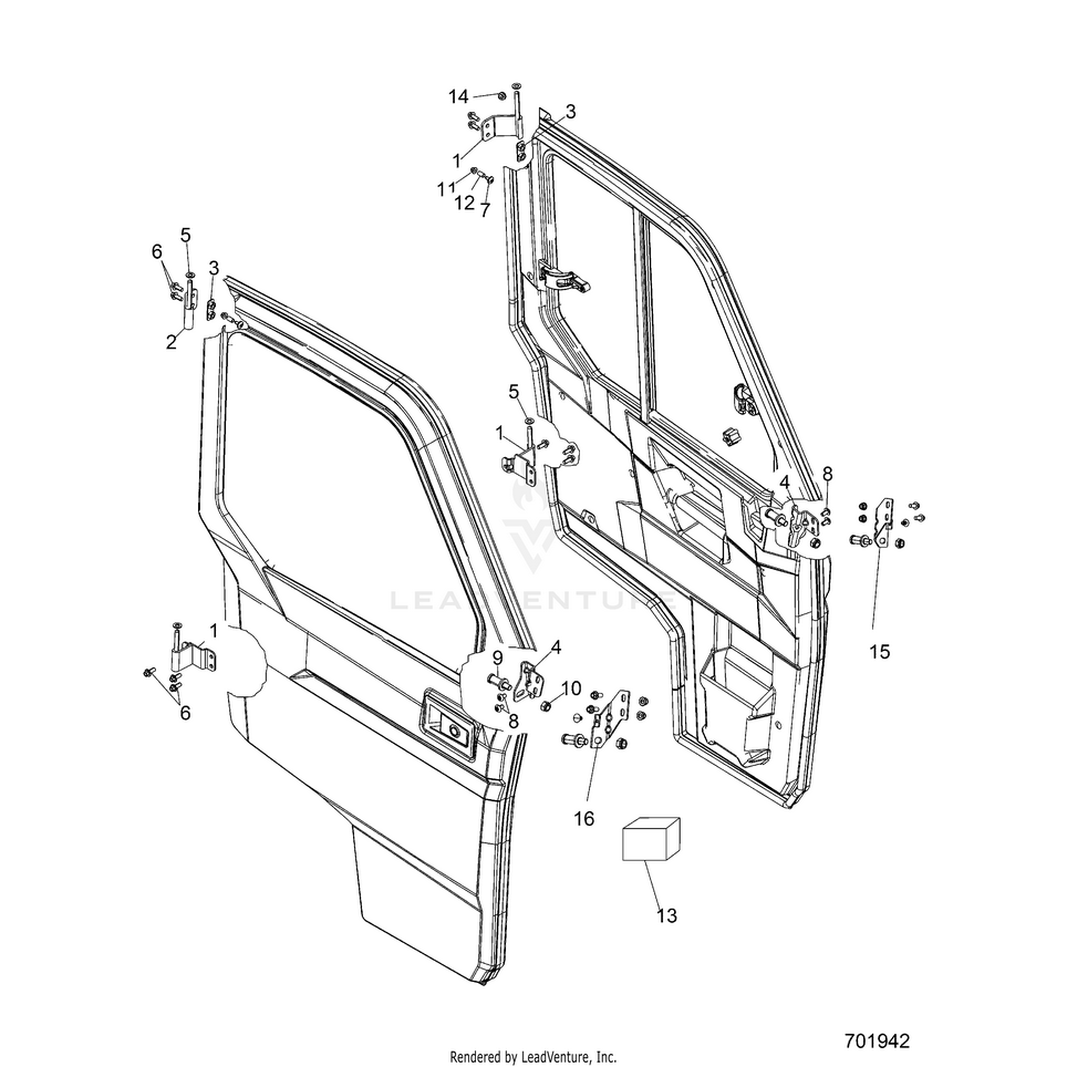An Image of a Genuine Polaris Parts Schematic Diagram showing the schematic - BODY: DOOR FULL MOUNTING - 2018 POLARIS RANGER CREW 1000 EPS