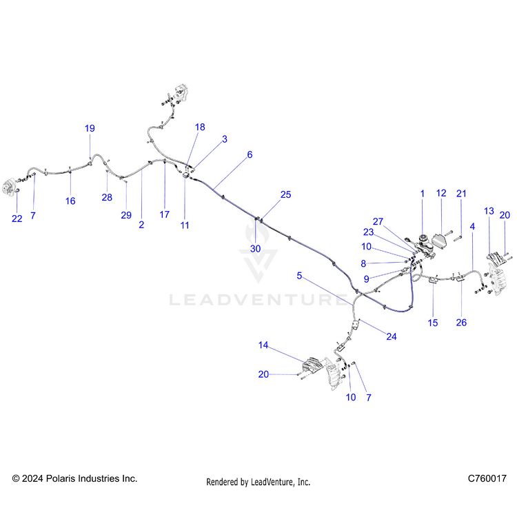 An Image of a Genuine Polaris Parts Schematic Diagram showing the schematic - BRAKES: BRAKE LINES AND MASTER CYLINDER - 2025 POLARIS GENERAL XP 4 1000 ULTIMATE