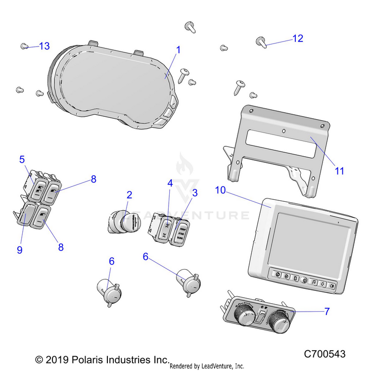 An Image of a Genuine Polaris Parts Schematic Diagram showing the schematic - ELECTRICAL: DASH GUAGE/SWITCHES RIDE COMMAND - 2019 POLARIS RANGER CREW XP 1000 49S FACTORY CHOICE