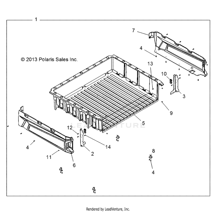 An Image of a Genuine Polaris Parts Schematic Diagram showing the schematic - BODY: CARGO BOX - 2015 POLARIS RANGER HST