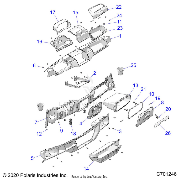 An Image of a Genuine Polaris Parts Schematic Diagram showing the schematic - BODY: DASH - 2021 POLARIS RANGER CREW XP 1000 TRAIL BOSS EVAP