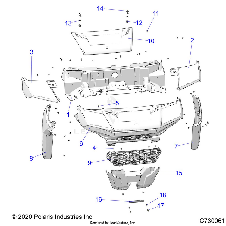 An Image of a Genuine Polaris Parts Schematic Diagram showing the schematic - BODY: HOOD & FRONT FACIA - 2022 POLARIS RANGER CREW 1000