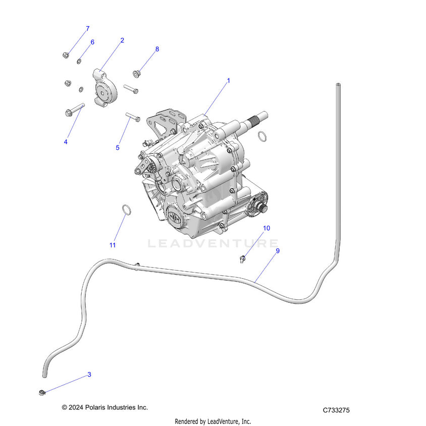 An Image of a Genuine Polaris Parts Schematic Diagram showing the schematic - DRIVE TRAIN: MAIN GEARCASE MOUNTING - 2025 POLARIS RANGER 1000 XP CREW WATERFOWL
