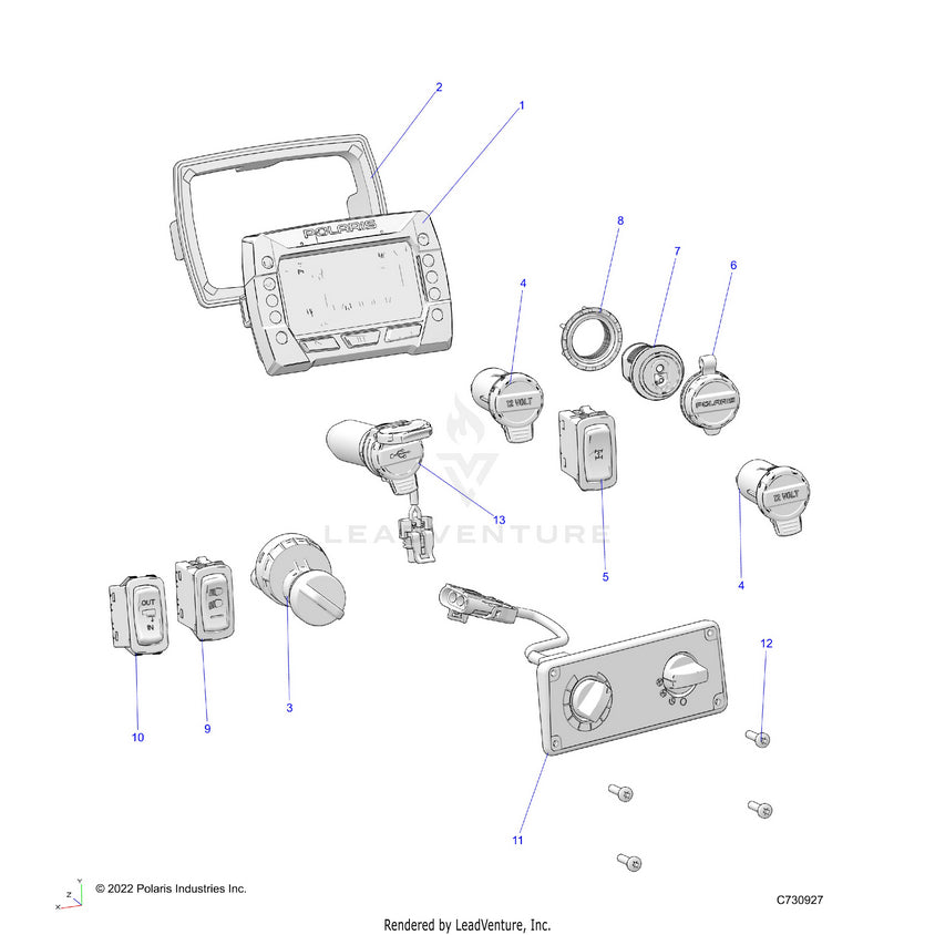 An Image of a Genuine Polaris Parts Schematic Diagram showing the schematic - ELECTRICAL: DASH INSTRUMENTS & CONTROLS - 2023 POLARIS RANGER 570 CREW NORTHSTAR