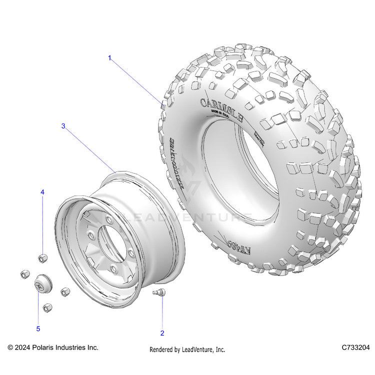 An Image of a Genuine Polaris Parts Schematic Diagram showing the schematic - WHEELS: FRONT - 2018 POLARIS RANGER 1000 DIESEL