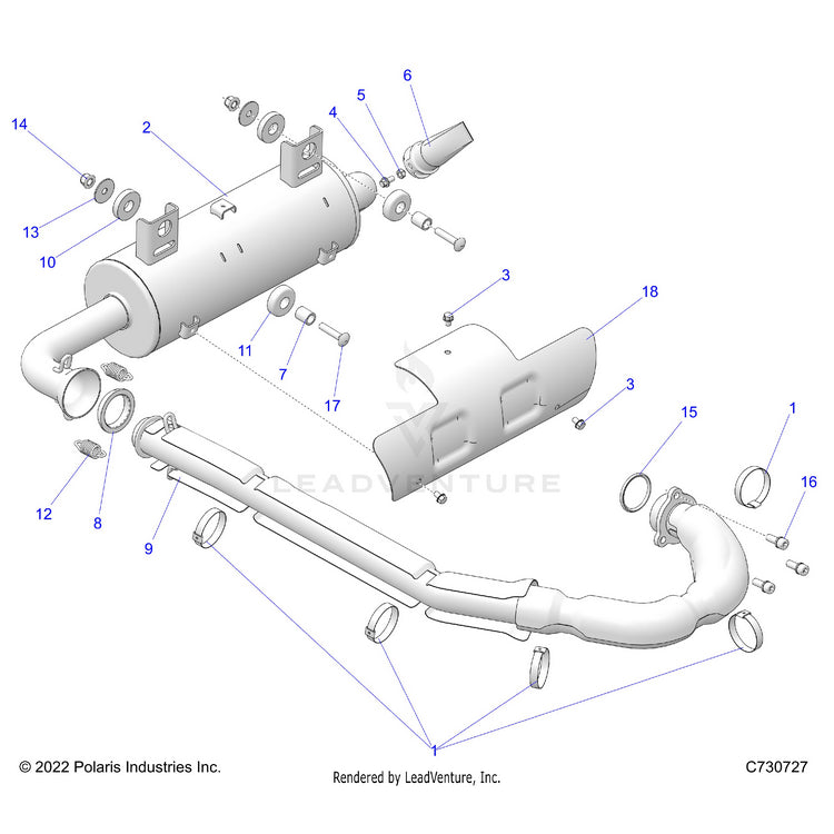 An Image of a Genuine Polaris Parts Schematic Diagram showing the schematic - ENGINE: EXHAUST SYSTEM - 2024 POLARIS RANGER 570 CREW FULL SIZE