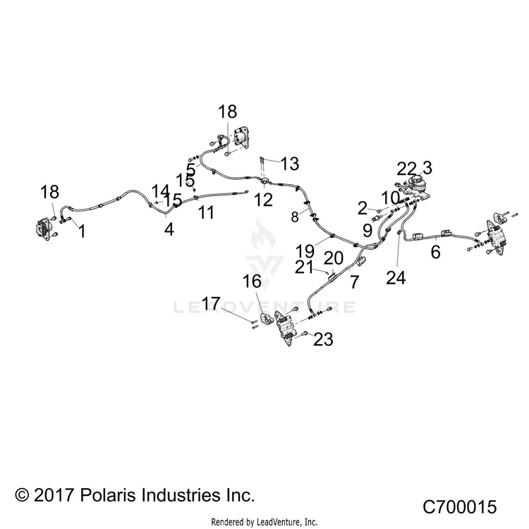 An Image of a Genuine Polaris Parts Schematic Diagram showing the schematic - BRAKES: BRAKE LINES & MASTER CYLINDER - 2019 POLARIS RANGER XP 1000 BACK COUNTRY