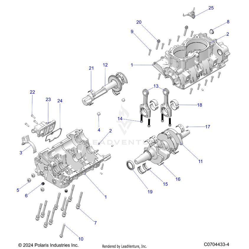 An Image of a Genuine Polaris Parts Schematic Diagram showing the schematic - ENGINE: CRANKCASE CRANKSHAFT - 2024 POLARIS XPEDITION ADV 5 NORTHSTAR