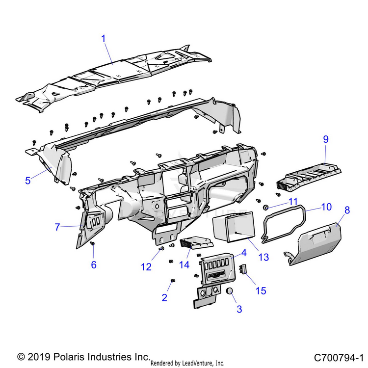 An Image of a Genuine Polaris Parts Schematic Diagram showing the schematic - BODY: DASH - 2020 POLARIS GENERAL 1000 DELUXE OPT1